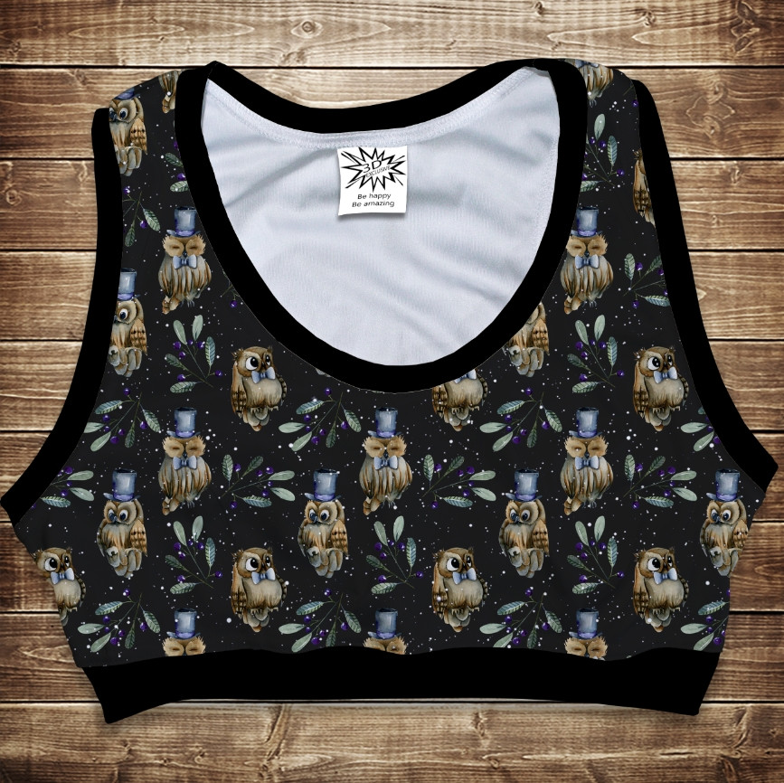 Топ спортивний з 3D принтом на тему: Сови і Філіни в шляпах. Всі розміри ВСІ Розміри Преміум тканина