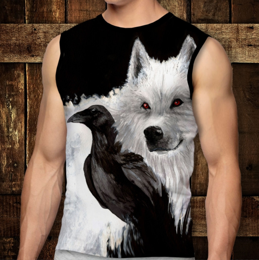 Футболка-безрукавка з 3D принтом: Білий вовк та ворон. Дорослі і Дитячі розміри ВСІ Розміри Преміум тканина