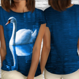 Блуза жіноча з принтом Лебідь на синьому озері ВСІ Розміри Преміум тканина