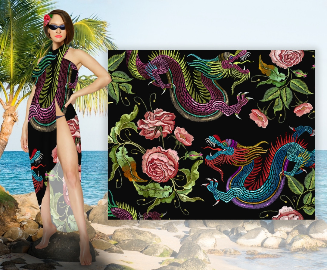 Парео-хустка-палантин блакитного кольору 10в1 з принтом Дракон Азурит ВСІ Розміри