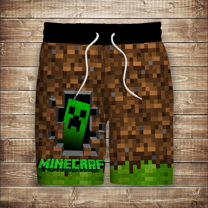 Шорти з 3D принтом на тему: Майнкрафт Лого Кріпер. Дорослі та Дитячі розміри ВСІ Розміри