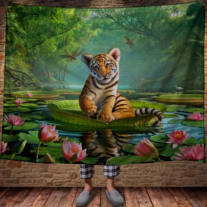 Плед з 3D принтом "Тигренок і лотоси". 150х200 см.