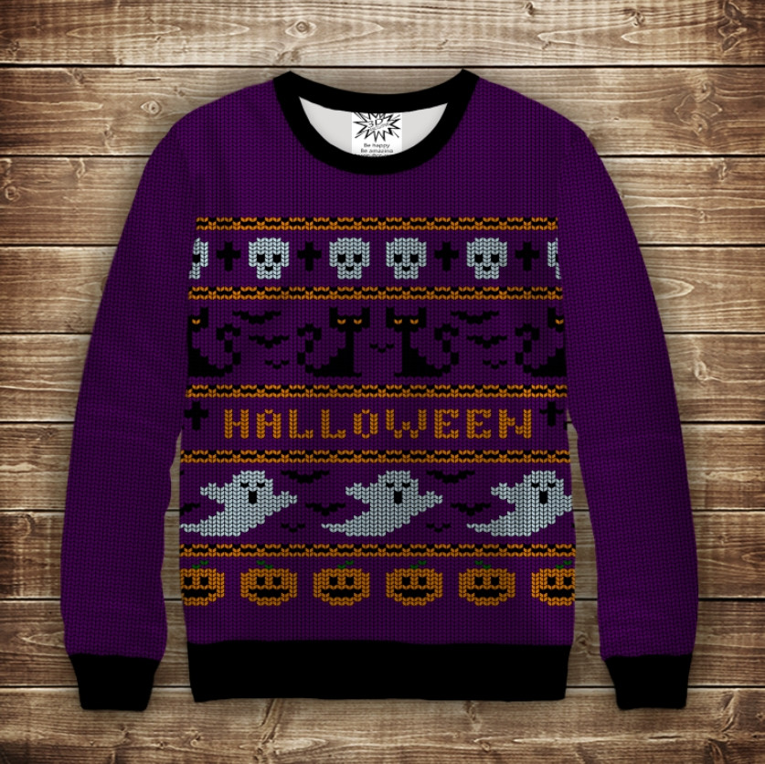 Свитшот с 3D принтом Halloween Хеловін Котики і привиди ВСІ Розміри Преміум тканина