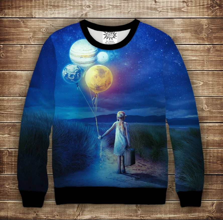 Світшот з 3D принтом Дівчина з кульками-планетами ВСІ Розміри Преміум тканина