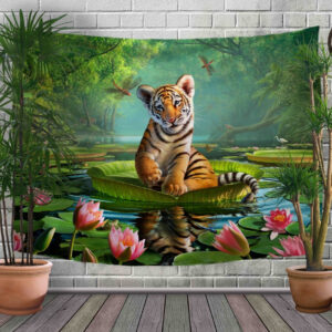 Панно - тапестри (гобелен) с 3D принтом Тигреня на листі кувшинкі