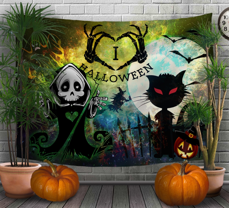 Панно - тапестри (гобелен) с 3D принтом Halloween. Хелловін. Котик та скелет.