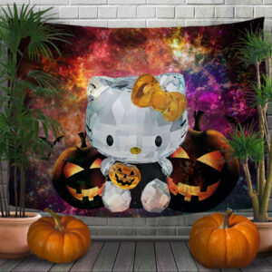 Панно - тапестри (гобелен) с 3D принтом Halloween. Хелловін. Кішечка з гарбузами.