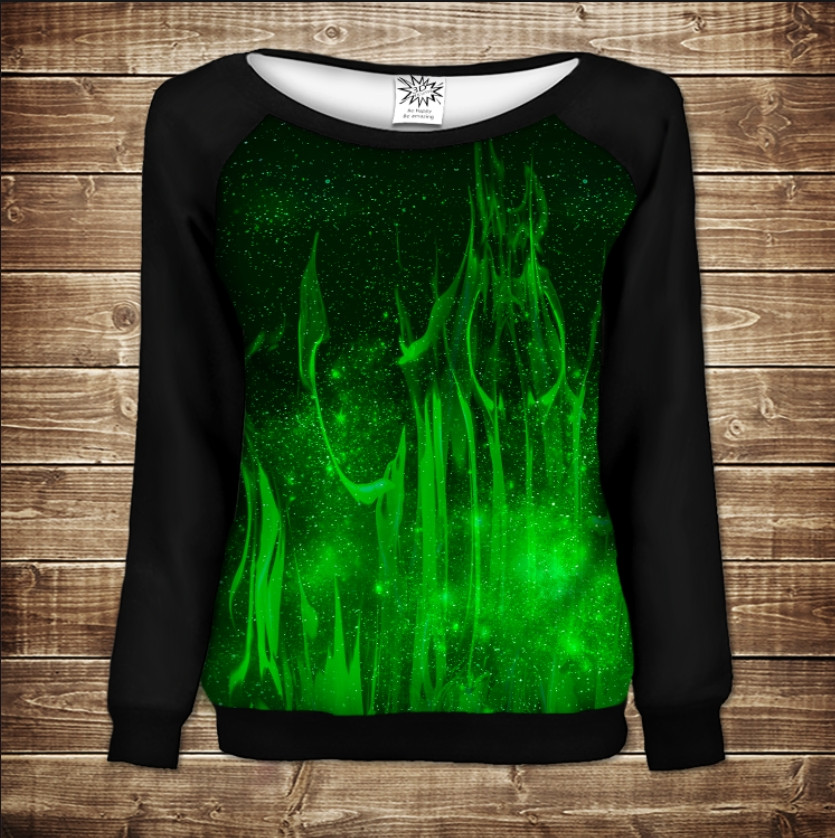 Жіночий світшот-реглан з 3D принтом на тему:Halloween. Хелловін. Зелений вогонь ВСІ Розміри Преміум тканина