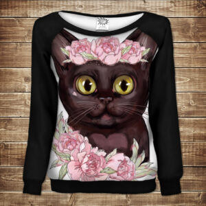Жіночий світшот-реглан з 3D принтом на тему: Чорне кошеня з трояндами ВСІ Розміри Преміум тканина