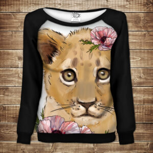 Жіночий світшот-реглан з 3D принтом на тему: Левеня з маками ВСІ Розміри Преміум тканина