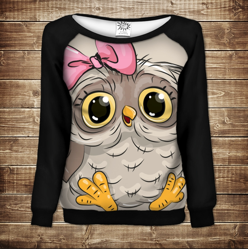 Жіночий світшот-реглан з 3D принтом на тему: Совеня з рожевим бантом ВСІ Розміри Преміум тканина