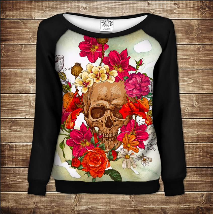 Жіночий світшот-реглан з 3D принтом на тему: Череп у квітах ВСІ Розміри Преміум тканина