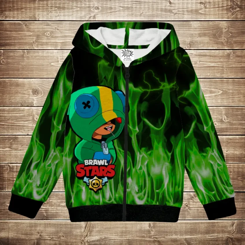 Худі теплий з 3Д принтом Бравл Старс Леон Зелений вогонь ВСІ Розміри Преміум тканина