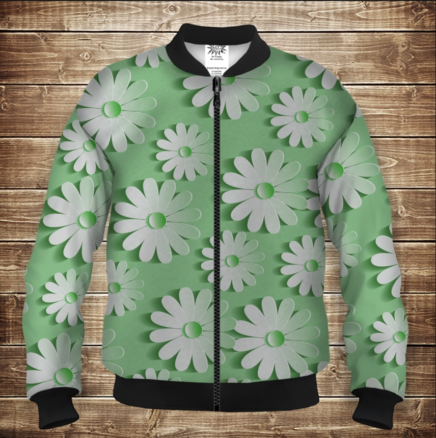 Бомбер з 3D принтом на тему Ромашки на ментоловому фоніДорослі і Дитячі розміри ВСІ Розміри Преміум тканина