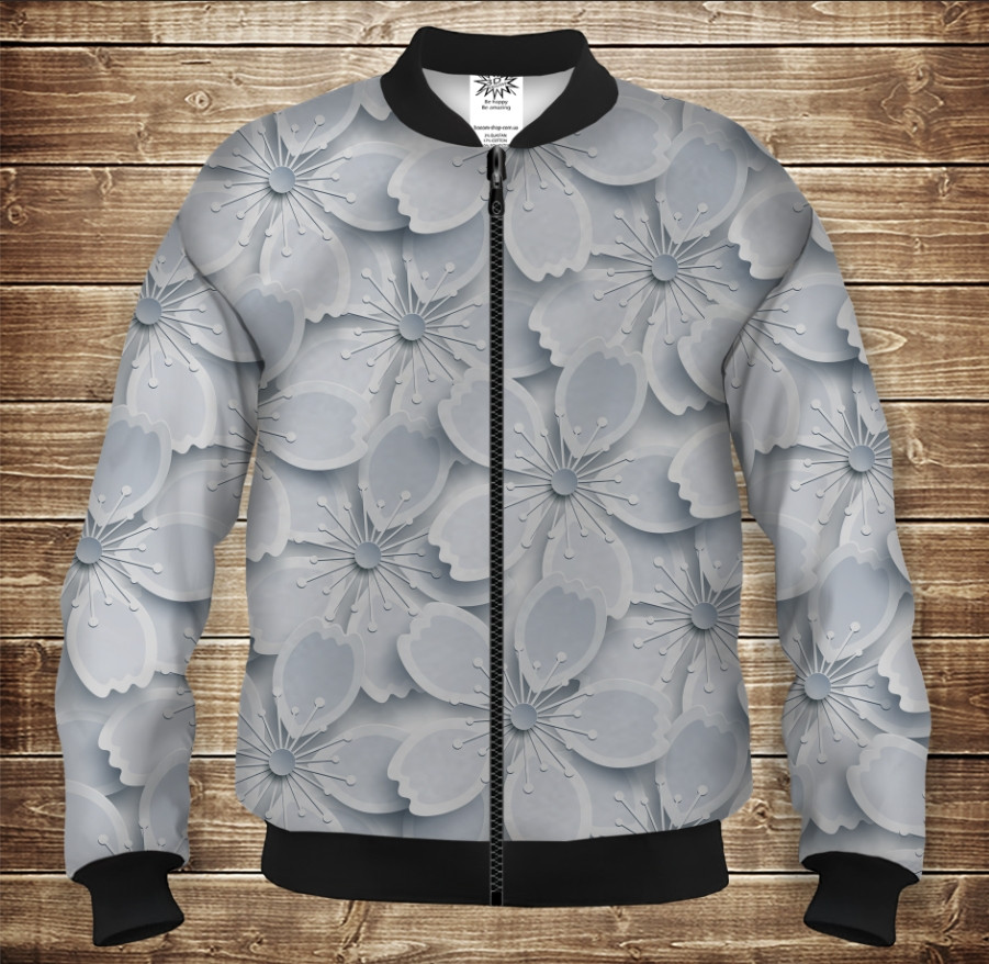 Бомбер з 3D принтом на тему Білі квіти Дорослі і Дитячі розміри ВСІ Розміри Преміум тканина
