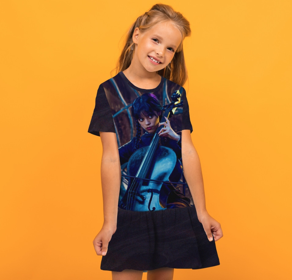 Плаття з воланом Венсдей Аддамс грає на віолончелі Wednesday Addams Дитячі і дорослі розміри. ВСІ Розміри Преміум тканина