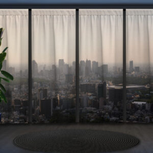 Штори з Фотоштораом на тему: Вид з вікна на місто з хмарочосами в тумані
