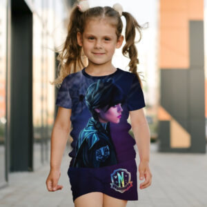 Костюм футболка + шорти з 3D принтом Вензді Аддамс з вушками (Wednesday Addams) ВСІ Розміри Преміум тканина