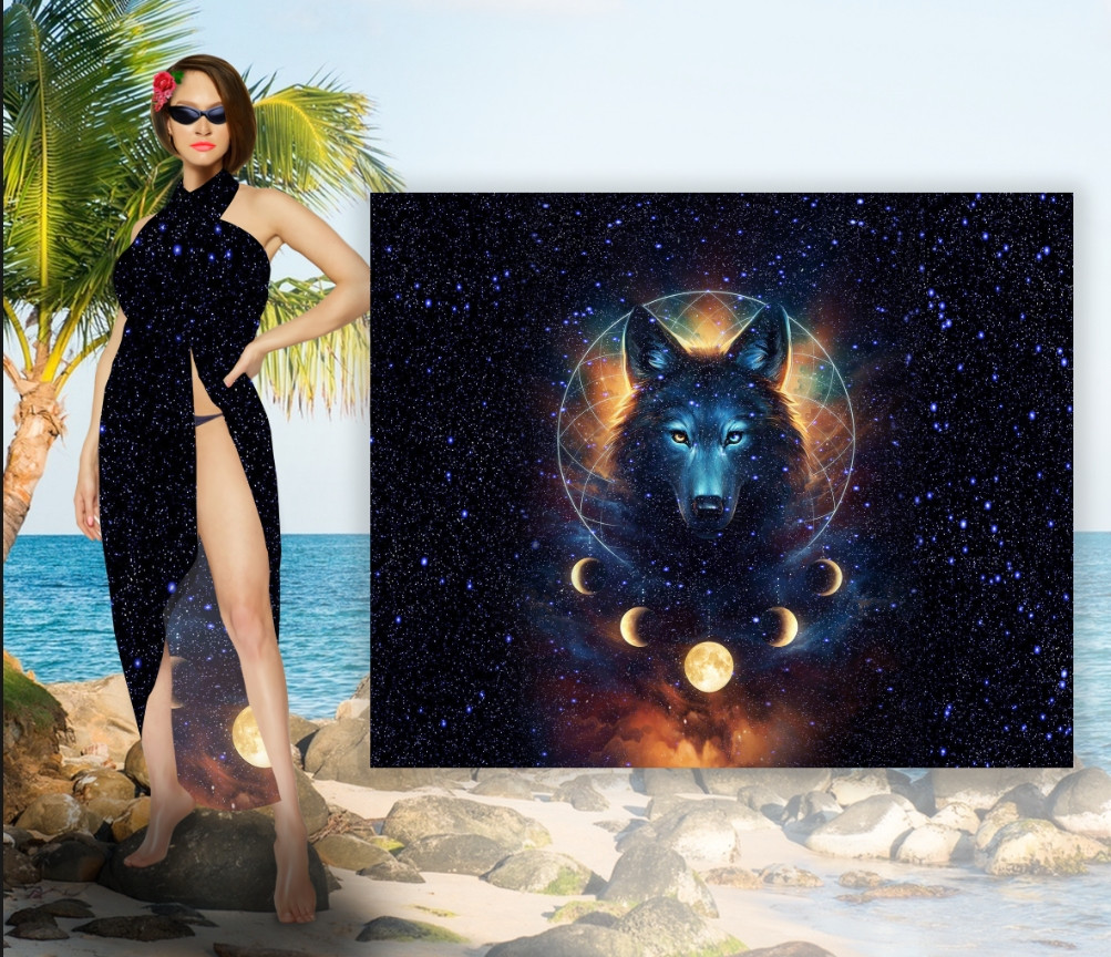 Парео-хустка-палантин 10 в 1 з принтом Вовк космос ВСІ Розміри