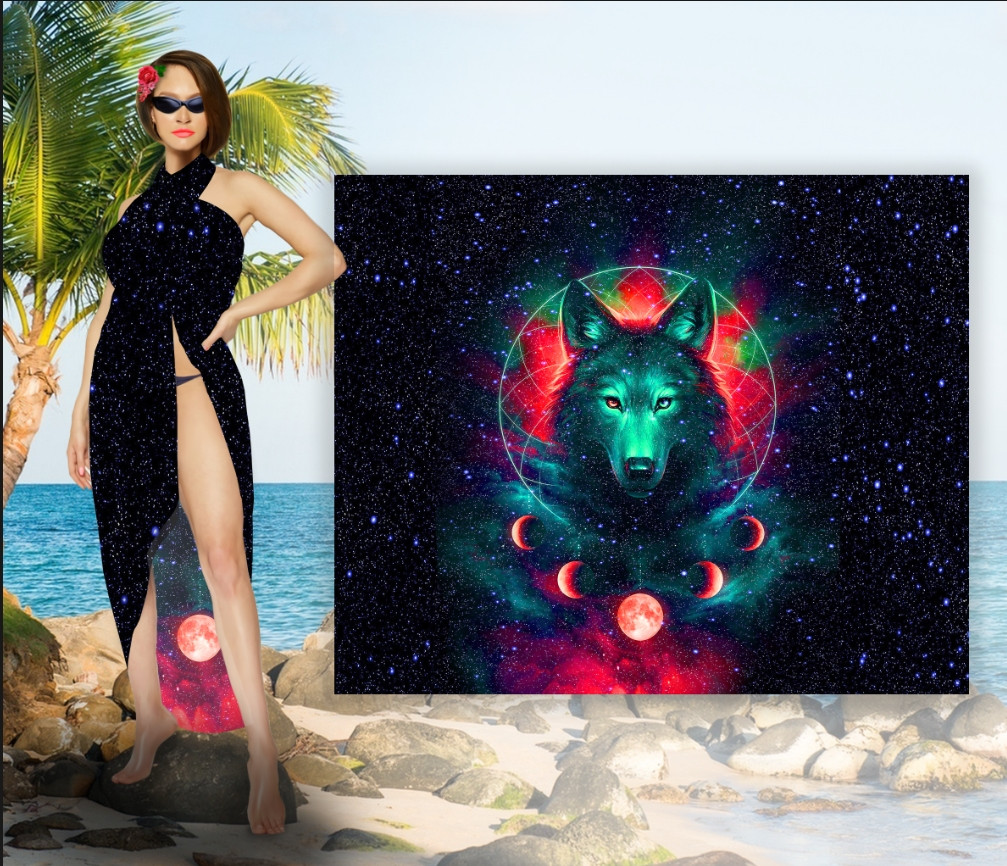 Парео-хустка-палантин 10 в 1 з принтом Вовк космос ВСІ Розміри