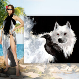 Парео-платок-палантин 10 в 1 с принтом Волк с вороном ВСІ Розміри