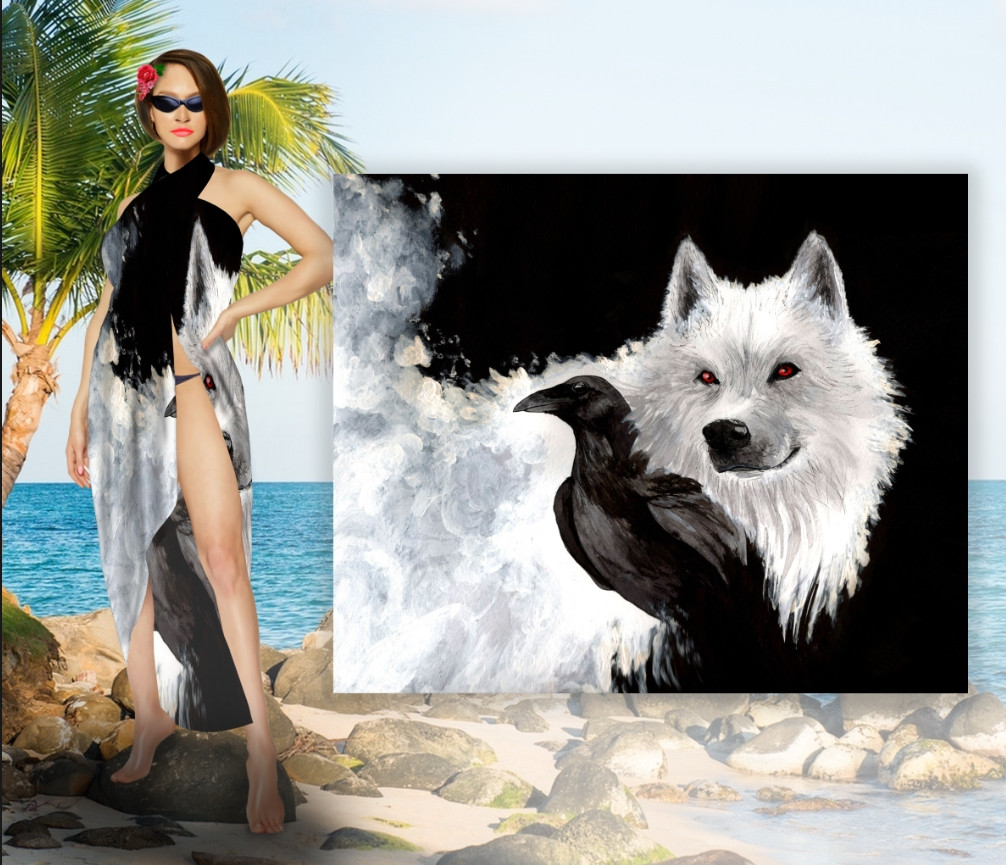 Парео-платок-палантин 10 в 1 с принтом Волк с вороном ВСІ Розміри