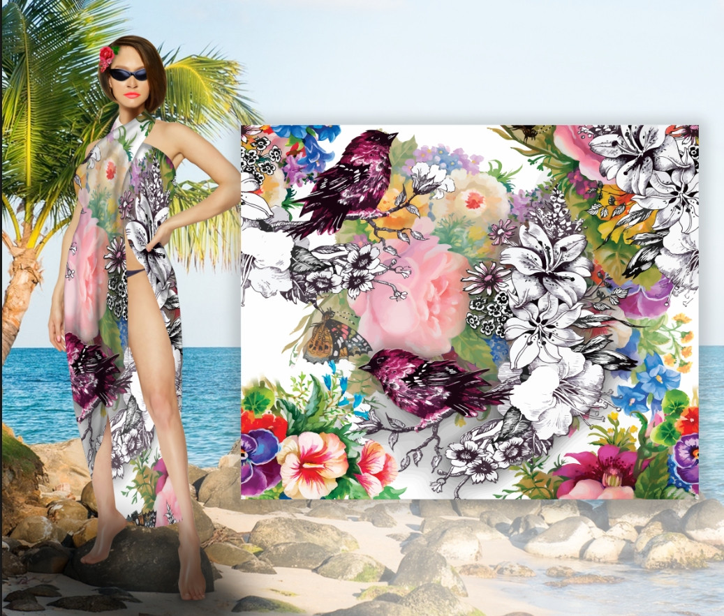 Парео-хустка-палантин 10 в 1 з принтом Квіти та птахи ВСІ Розміри