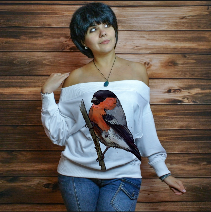 Жіночий світшот-з відкритими плечима з 3D принтом на тему: Синиця ВСІ Розміри Преміум тканина