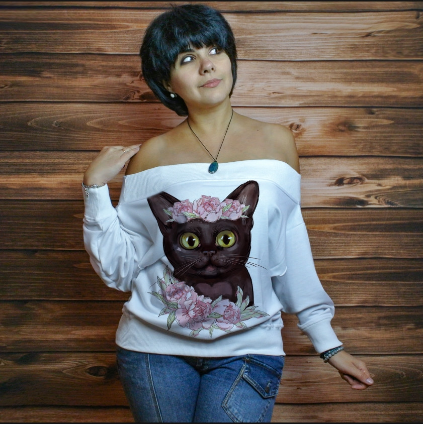 Жіночий світшот-з відкритими плечима з 3D принтом на тему: Кіт ВСІ Розміри Преміум тканина