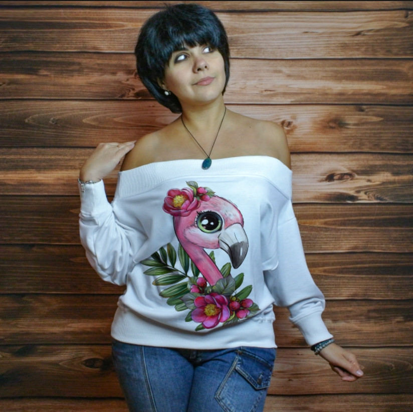 Жіночий світшот-з відкритими плечима з 3D принтом на тему: Фламінго ВСІ Розміри Преміум тканина