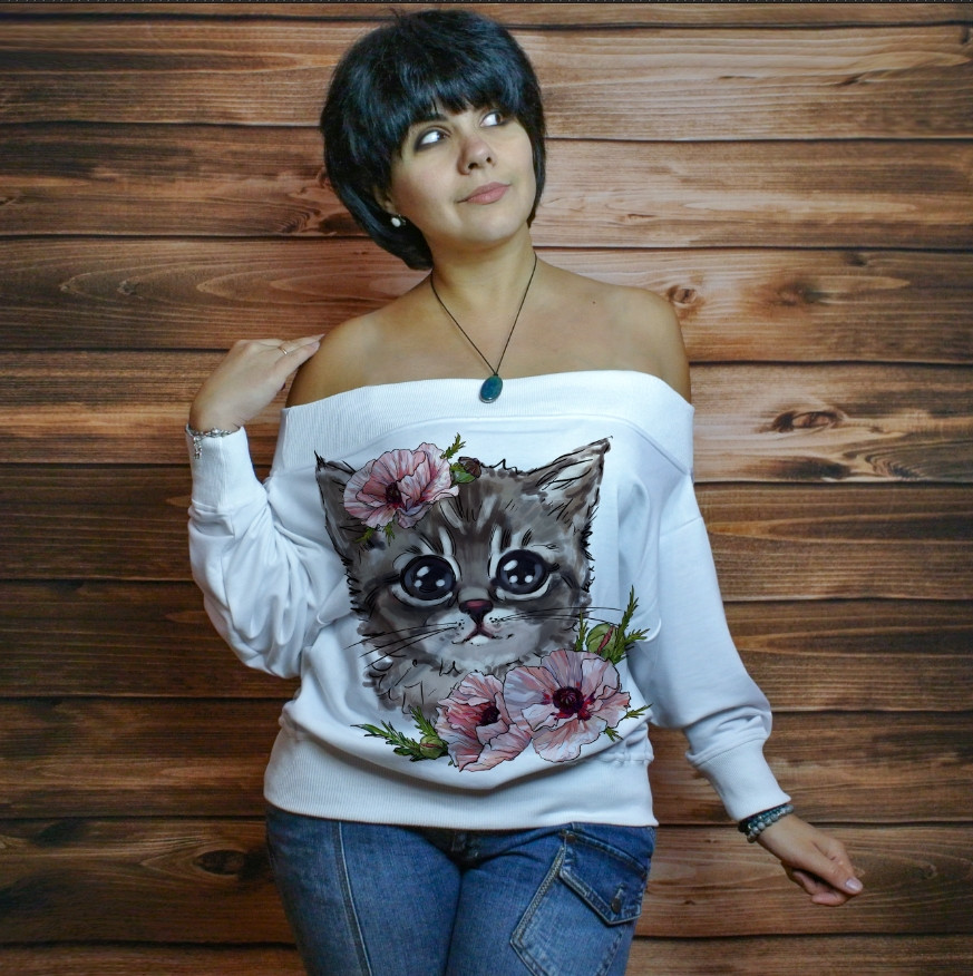 Жіночий світшот-з відкритими плечима з 3D принтом на тему: Кіт ВСІ Розміри Преміум тканина