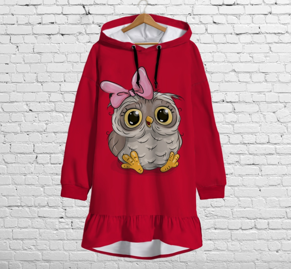 Плаття-худі з капюшоном і воланом Сова з бантом Дитячі і дорослі розміри. ВСІ Розміри Преміум тканина