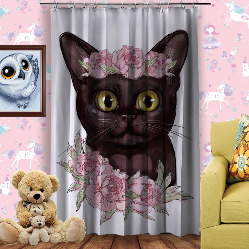 Штора Фотоштори Чорне кошеня в півонії