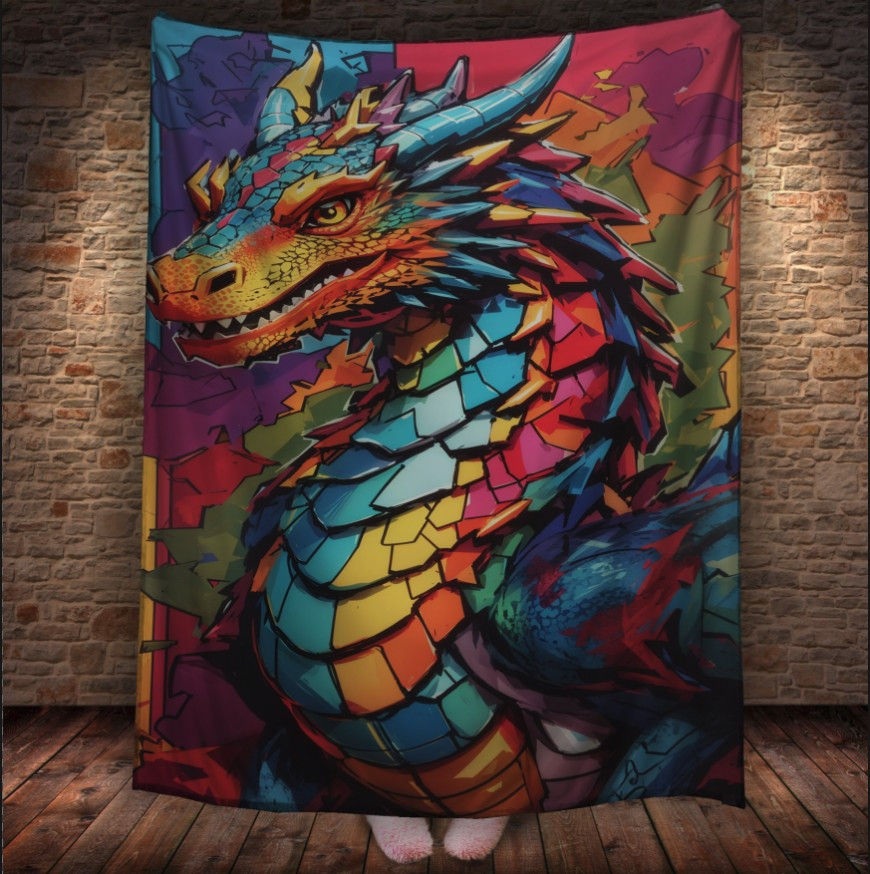 Плед з 3D принтом Дракон в стилі Street Art - Барвистий Дракон графіті _002 150х200 см.