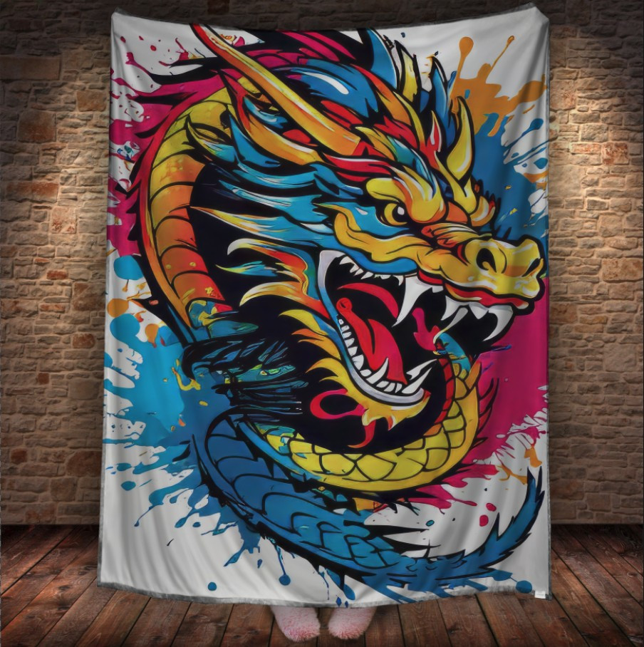 Плед з 3D принтом Дракон в стилі Street Art - Дракон різнокольоровий неоновий _008 150х200 см.