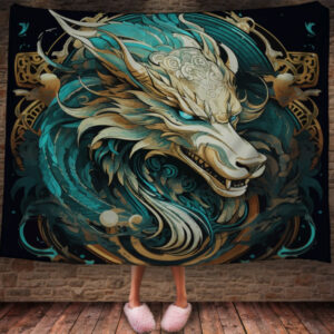 Плед з 3D принтом Дракон в стилі Street Art - Небесно золотистий Дракон з блакитними очима 150х200 см.