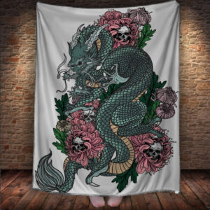Плед з 3D принтом Дракон в стилі Street Art - Зелений Дракон в квітах з черепами 150х200 см.