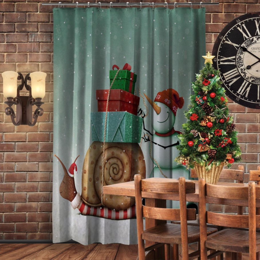 Штора 3D з принтом-Різдво. Сніговичок та равлик з подарунками