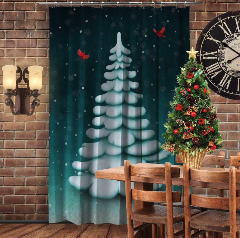 Штора 3D з принтом-Різдво. Засніжена ялинка та пташки