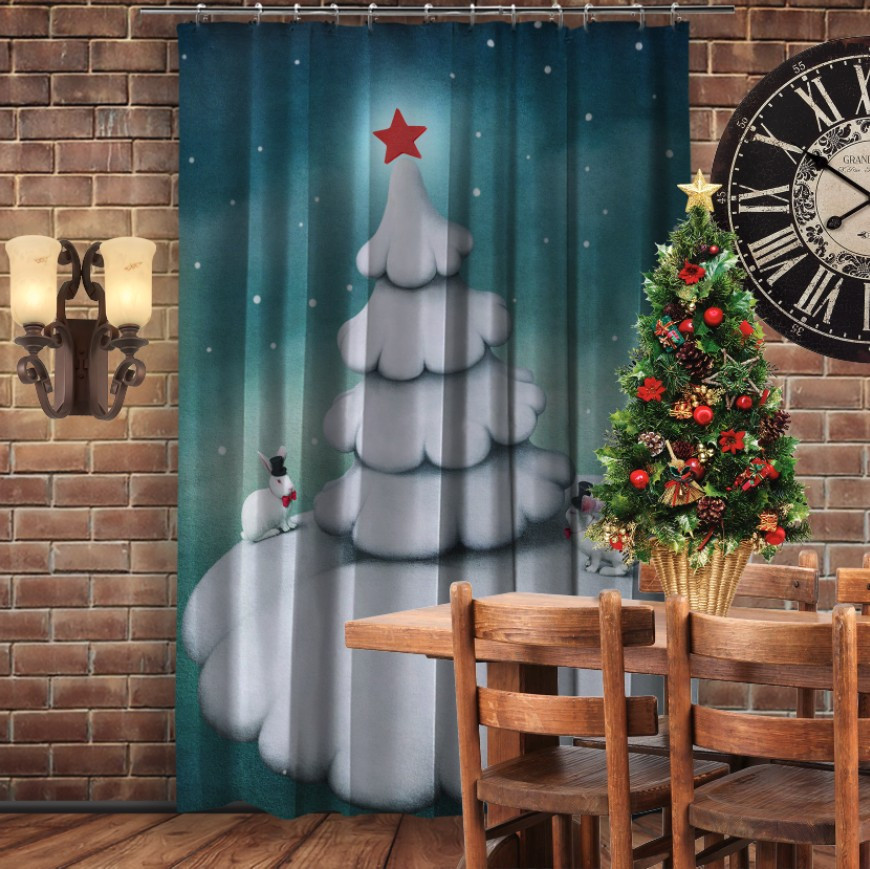Штора 3D з принтом-Різдво. Біла ялинка та кролики