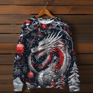 Світшот з 3D принтом Новорічний білий дракон з ялинковими прикрасами . Всі розміри ВСІ Розміри Преміум тканина