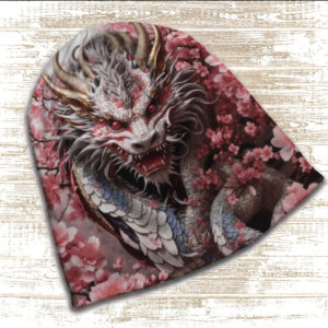 Шапка з 3D принтом - Білий дракон в квітах. Всі розміри