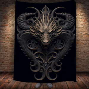 Плед з 3D принтом Реальні великі дракони. Бронзовий китайський дракон на чорному фоні _002 150х200 см.