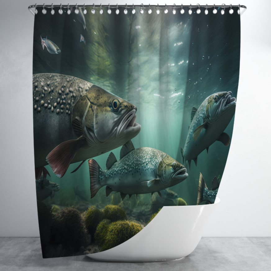 Штора для ванної з 3D принтом косяк морських риб _01 150х200 см.