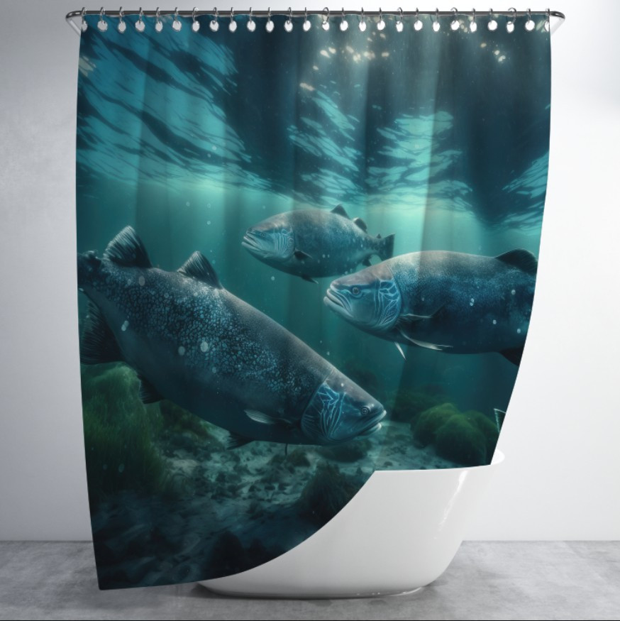 Штора для ванної з 3D принтом косяк морських риб _02 150х200 см.