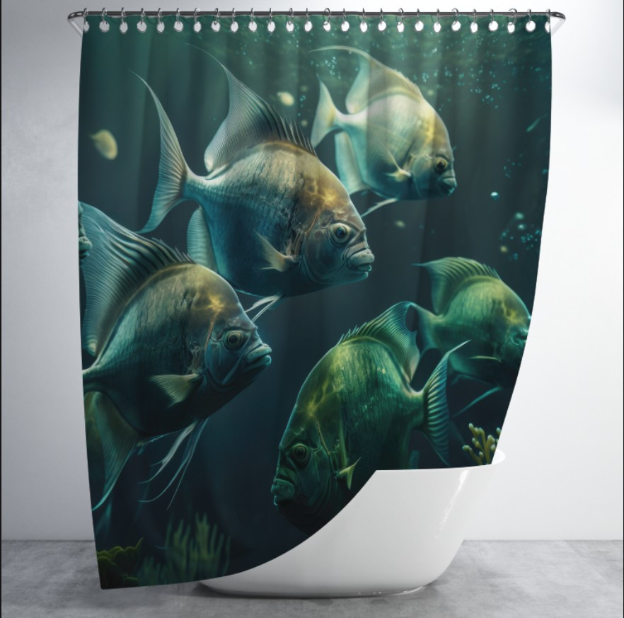 Штора для ванної з 3D принтом косяк морських риб _03 150х200 см.