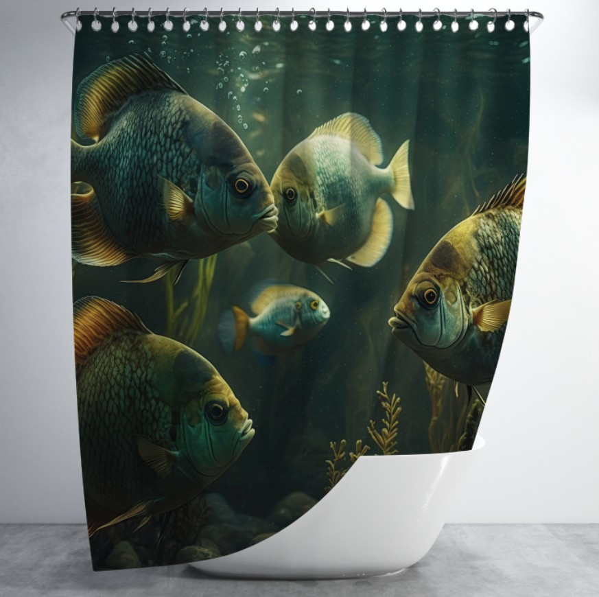 Штора для ванної з 3D принтом косяк морських риб _06 150х200 см.