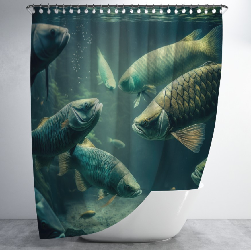 Штора для ванної з 3D принтом косяк морських риб _09 150х200 см.