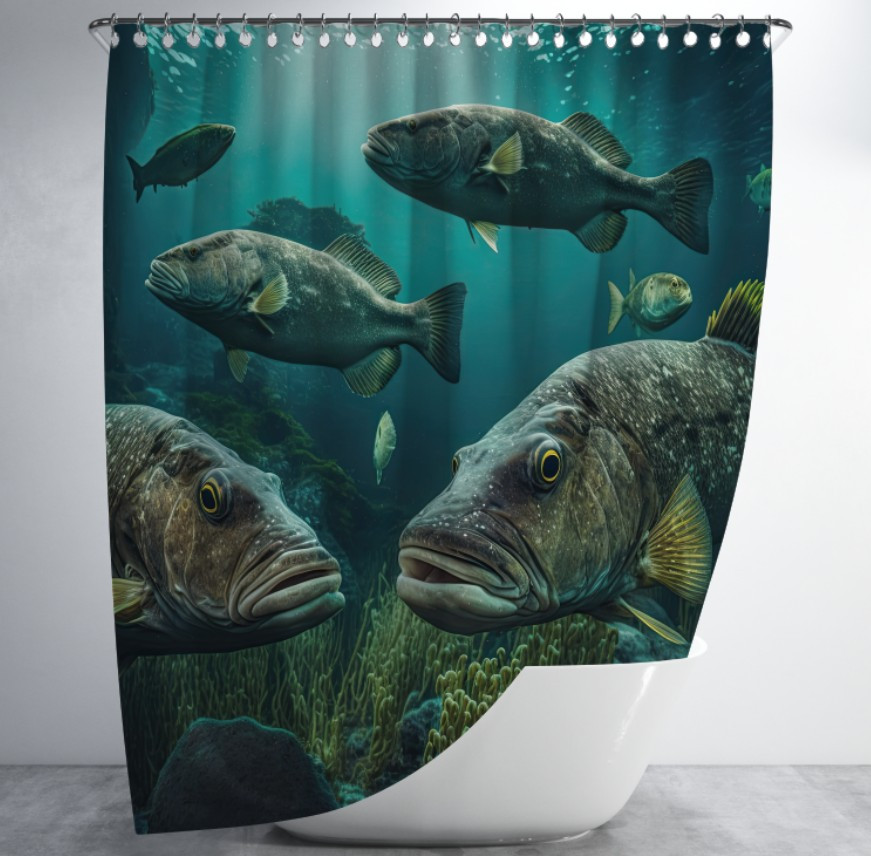 Штора для ванної з 3D принтом косяк морських риб _11 150х200 см.