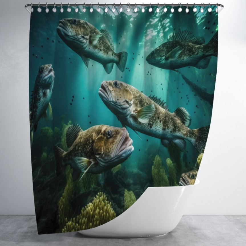 Штора для ванної з 3D принтом косяк морських риб _13 150х200 см.